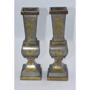 Chinese Pewter & Brass Temple Alter Candlesticks Joss Stick Holder Garniture